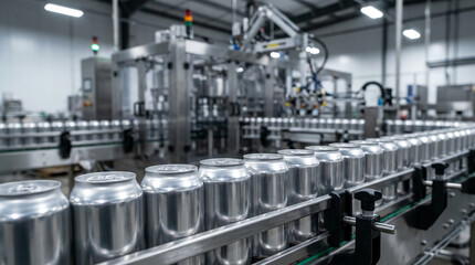 Fototapeta premium Automated production line filling and packaging aluminum cans in a modern beverage manufacturing facility.