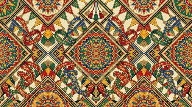 Sicilian baroque pattern with intricate floral motifs and ribbons in vibrant red blue yellow and green colors.