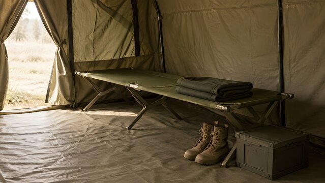 Empty Field Cot with Boots Inside Simple Military Tent