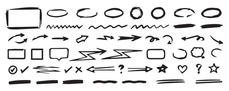 Line arrow brush doodle set. Hand drawn line arrow brush underline marker check pen highlight texture. Crayon chalk scribble circle curve star wave squiggle grunge background. Vector illustration