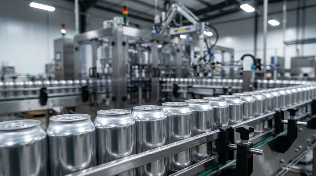 Automated production line filling and packaging aluminum cans in a modern beverage manufacturing facility.