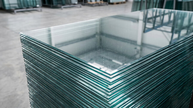 A neatly stacked pile of clear glass sheets with smooth, reflective surfaces in an industrial setting.