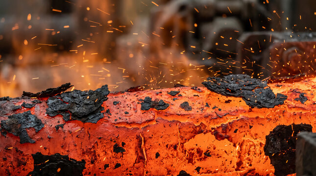 Close-up of glowing hot metal with sparks flying, showing intense heat and oxidation on the surface during a forging process.