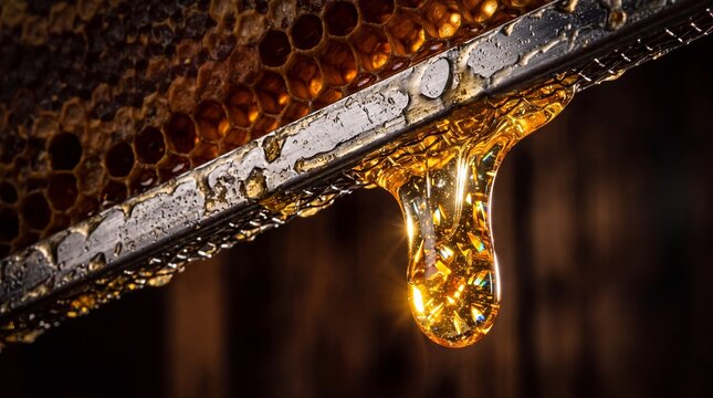 Raw Golden Honey Dripping from Honeycomb Frame