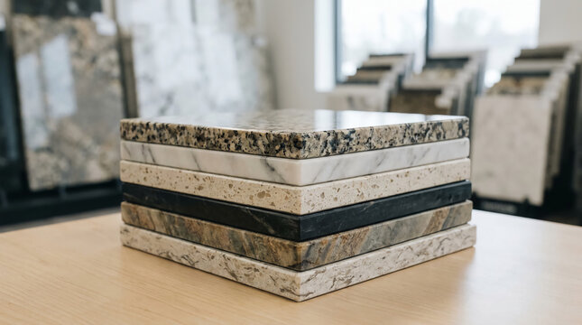 A stack of various polished stone and granite countertop samples displayed on a wooden surface in a showroom.