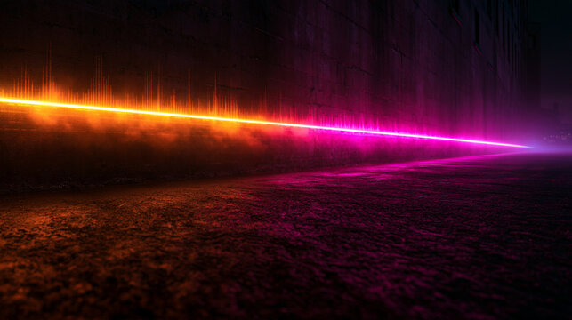 Glowing Neon Laser Beam with Audio Waveform on Dark Concrete