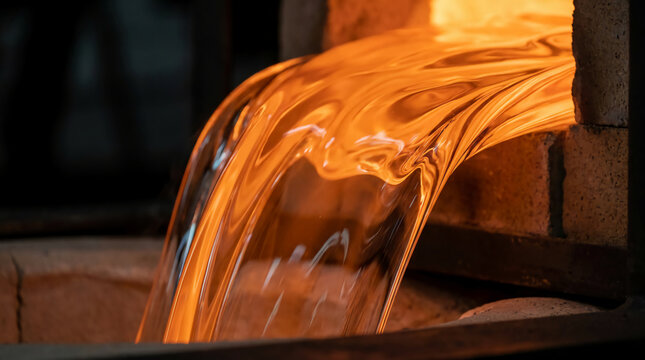Molten glass flows smoothly from a furnace opening, glowing with intense heat and vibrant orange hues.