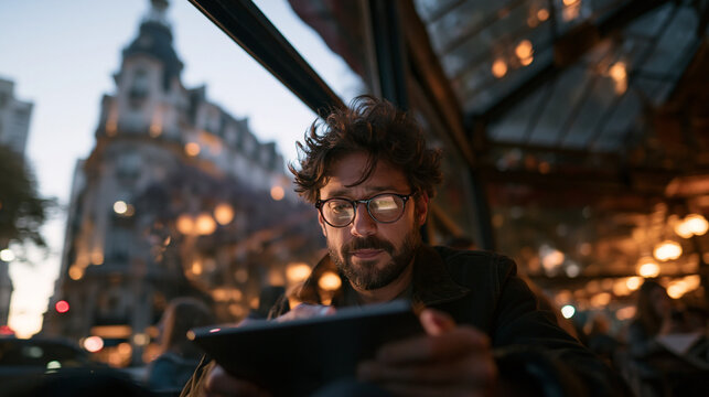 Man Using Digital Tablet at Evening City Cafe