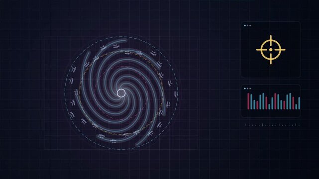 Abstract animated wind field radii expanding with storm intensity drawn as blue and cyan lines and shapes on a deep dark background. Seamless looping 4K motion graphics video with free space for text,