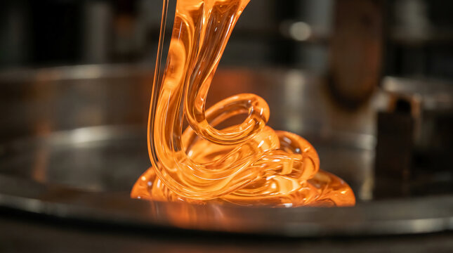 Close-up image of molten amber-colored glass being shaped in a glassblowing process.