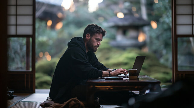 Digital Nomad Working on Laptop in Traditional Japanese House