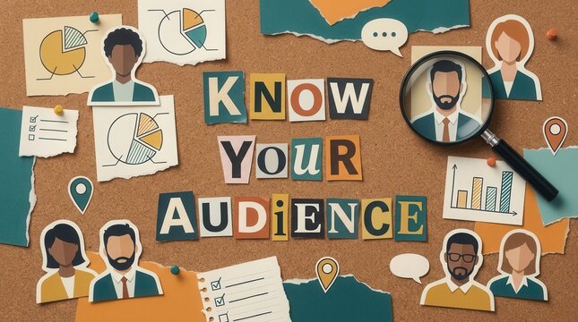 A business growth marketing strategy research tool collage featuring know your audience paper letters, charts, and diverse portraits.