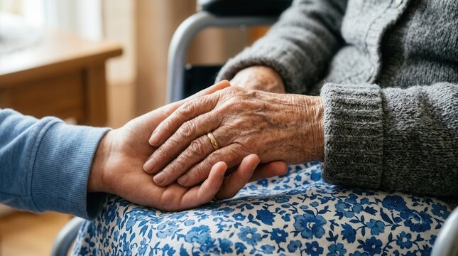 Younger hand holding elderly hand in a close-up shot reflecting family bond and care