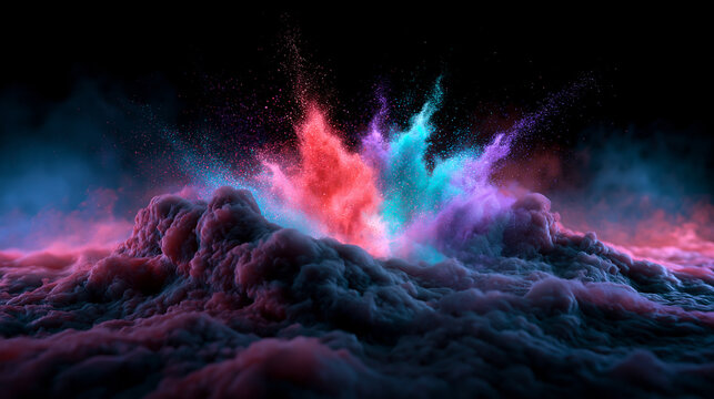 Colorful Powder Explosion Bursting on Dark Background
