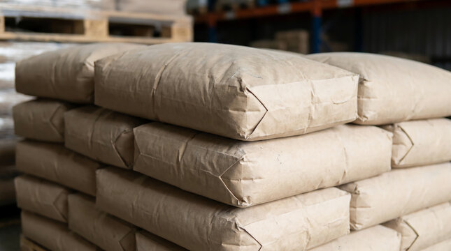 Stacked brown paper bags filled with a powdered or granular material stored in a warehouse setting.