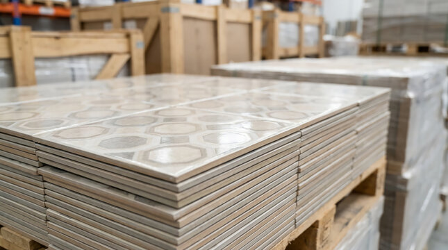 Stacks of patterned ceramic tiles neatly arranged on wooden pallets in a warehouse setting, ready for distribution or installation.