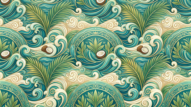 Stylized art nouveau tropical wave and coconut seamless pattern in teal and green colors.