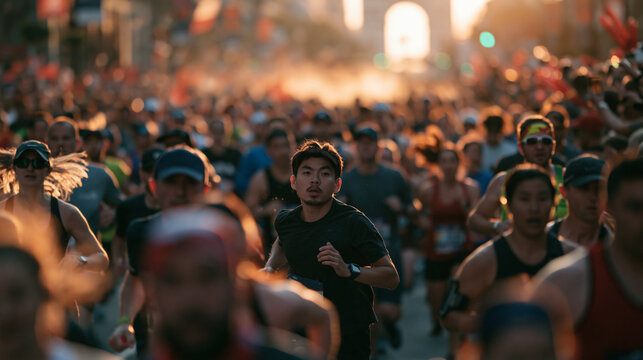 Determined Asian Man Running in City Marathon Race