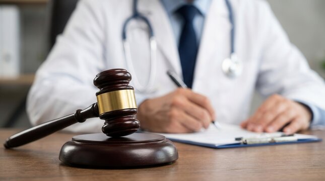 Legal evaluation of medical negligence and medical malpractice lawyer court proceeding featuring a gavel on desk and doctor writing in background.