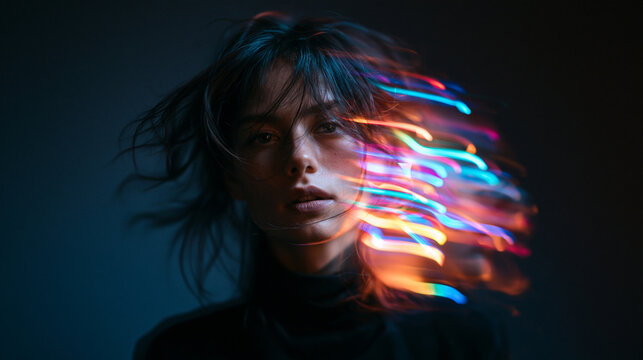 Creative Portrait of Woman with Colorful Motion Light Trails