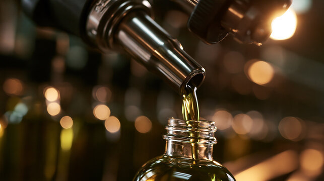 Automated Bottling Line Pouring Olive Oil into Glass Bottle