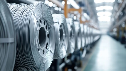 Fototapeta premium Stack of empty coaxial cable reels awaiting deployment in factory