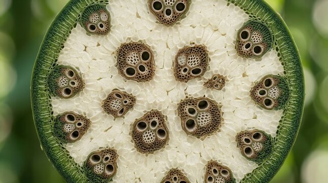 Cross-section of bamboo culm interior featuring sclerenchyma fiber sheaths, xylem vessels, and phloem sieve tubes within vascular bundles and parenchyma tissue
