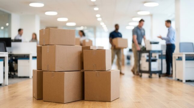 In a clean design office, cardboard boxes and broken furniture are stacked neatly as office workers coordinate while movers lift outdated filing cabinets.