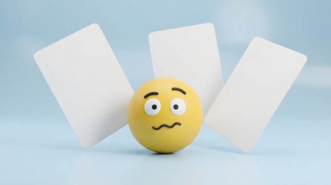 Confused emoji with blank cards on a light blue background