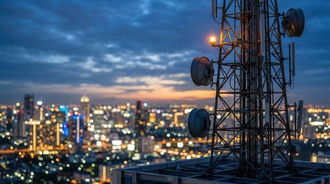 Satellite dishes and antennas on a telecommunication mast serving as a network infrastructure hub for cellular data and broadband.
