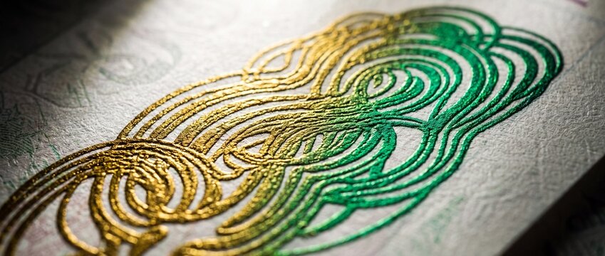 Intricate intaglio printing detail features raised green and gold ink patterns on textured banknote paper for high security currency