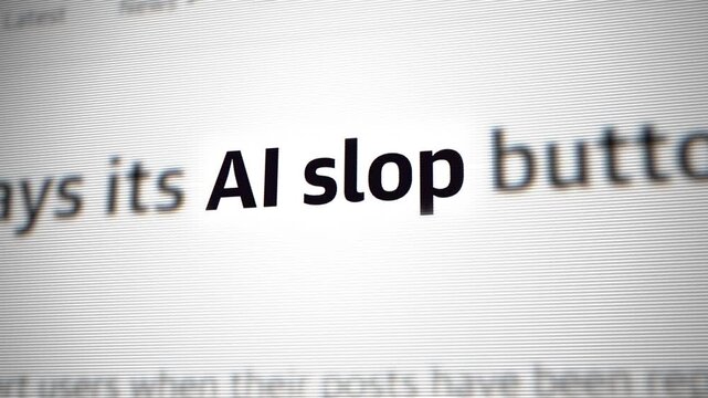 Close-Up Focused on Words AI Slop in News Headline Symbolizing Low Quality Generative Content, Spam, Web Media, and Technology Journalism Concept