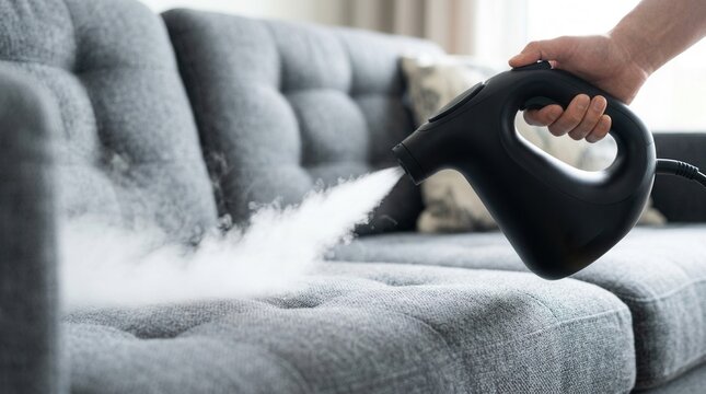 Upholstery sanitization and stain removal on sofa fabric with a steam cleaner, demonstrating modern home fabric care.