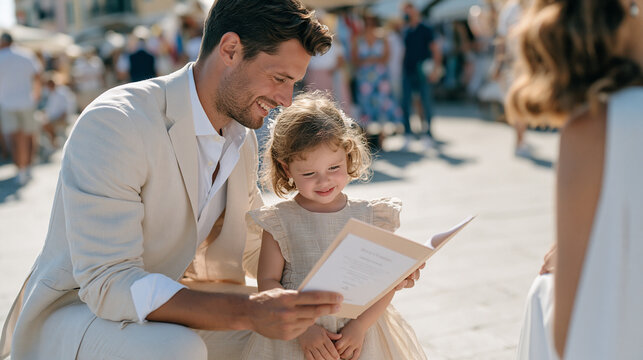A wedding officiant in a crowded town square marketplace kneels to the eye level of a small flower girl who peers at the ceremony program with curious concentration, the bustling