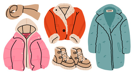 Cozy winter jackets and boots with puffer coat, shearling jacket and long teal coat for cold weather fashion. Flat cartoon hand drawn vector illustration. © tanyabosyk