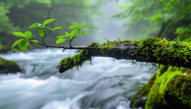 Green mossy branch over rushing river in lush forest landscape