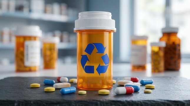 Medical waste disposal and pharmaceutical recycling showing an amber pill bottle with unused medication.
