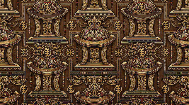 Traditional African Adinkra symbols and Ghanaian kente textile patterns in seamless repeating design for cultural textile backgrounds.
