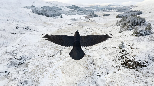 Majestic crow soaring over a snowy winter landscape