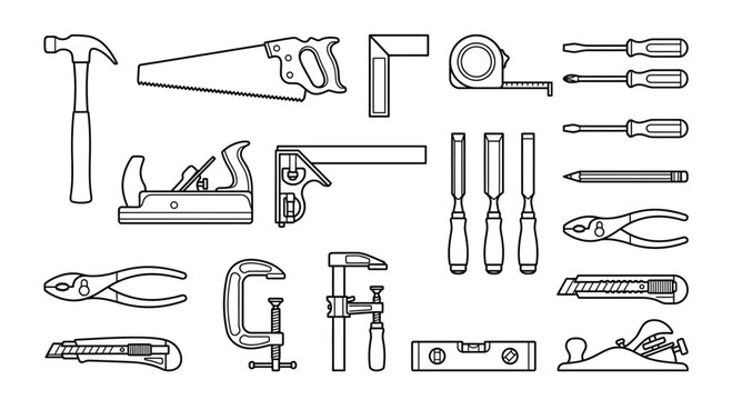 Collection of hand tools depicted as a linear silhouette carpentry