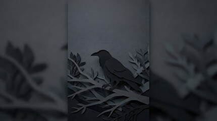Naklejka premium Dark paper cut raven perched on branch with abstract background