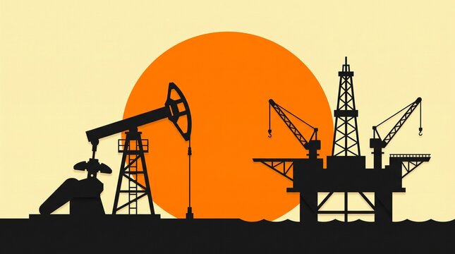 Silhouettes of oil pumpjack and offshore drilling rig against a large orange sun, depicting the oil and gas industry.