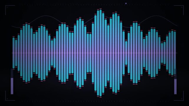 Abstract animated audio waveform reacting to sound drawn as blue and cyan lines and shapes on a deep dark background. Seamless looping 4K motion graphics video with free space for text, ideal for titl