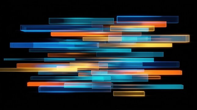 Technological shift, integration, speed, data flow, and digital transformation process illustrated via abstract streaks of colorful light bars over a black background.