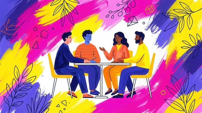 Multicultural teamwork, corporate inclusion, and shared ideas illustrated by four diverse individuals gathered around a small table in an abstract scene.