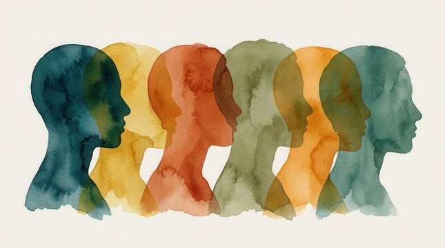 A celebration of unity and human connection represented by an abstract watercolor collage of diverse silhouettes in profile.