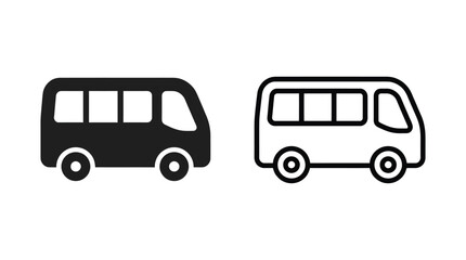 Set of simple minibus icons in solid and outline style for transportation design. © Mohammad