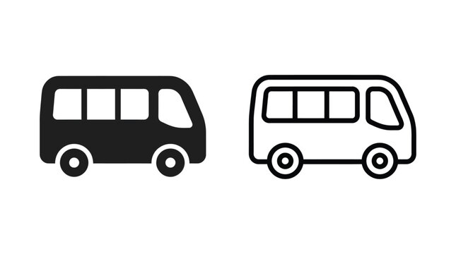 Set of simple minibus icons in solid and outline style for transportation design.