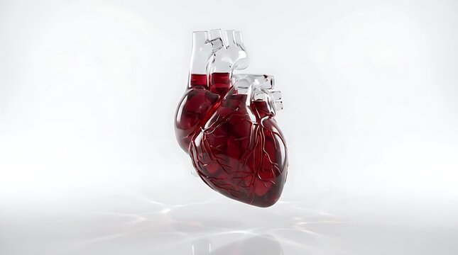 Anatomical glass heart filled with red liquid