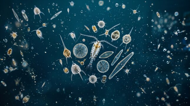 Diverse microscopic plankton organisms floating in deep blue ocean water, showcasing intricate shapes and sizes of marine life.
